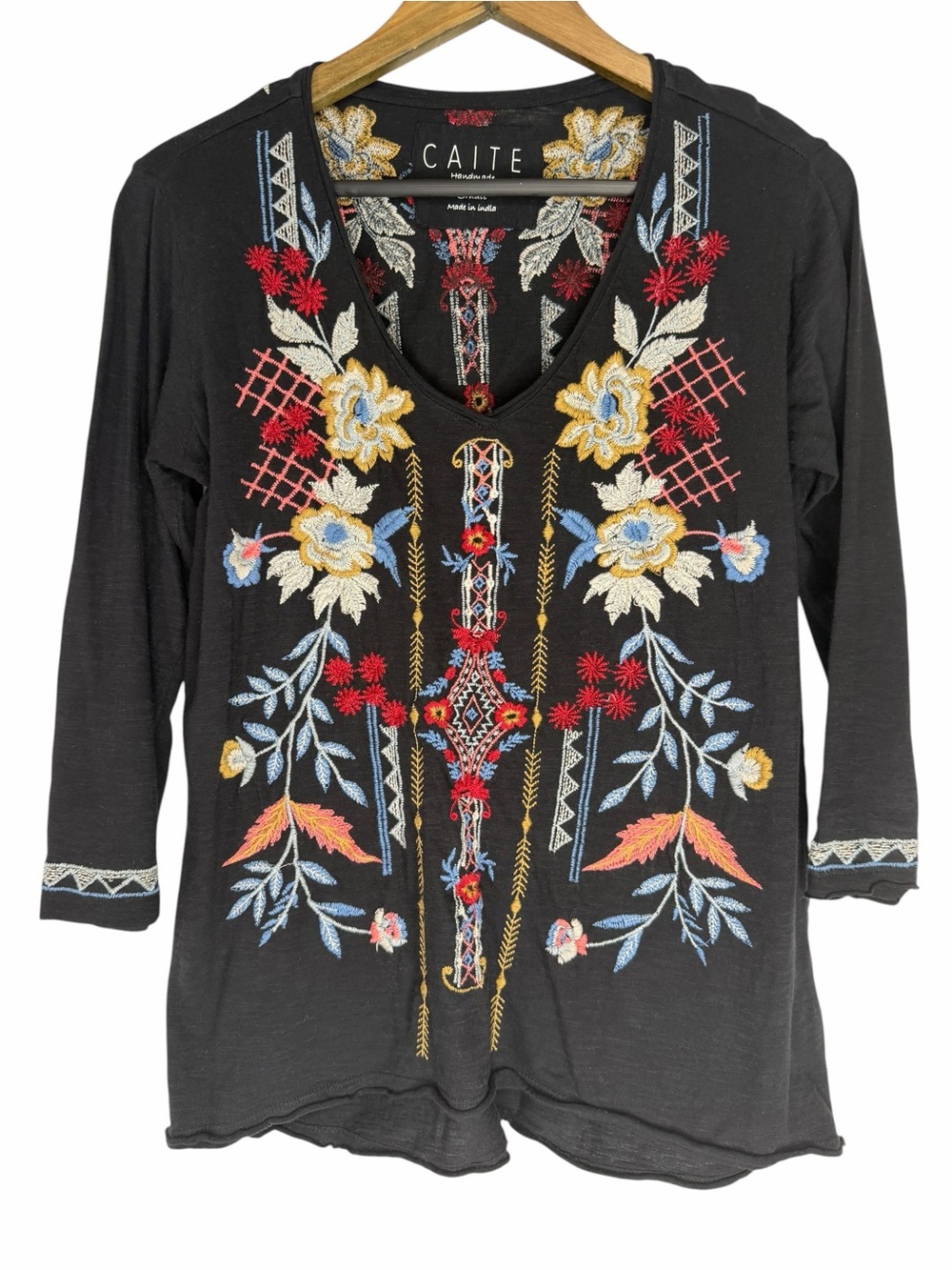 Caite Handmade Embroidered 3/4 Sleeve Tunic Top Size Small Black V-Neck Cotton